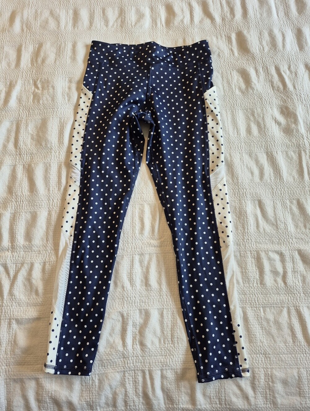 Old Navy girls Large 10/12 blue & white with polka dot legging mesh inserts VGUC